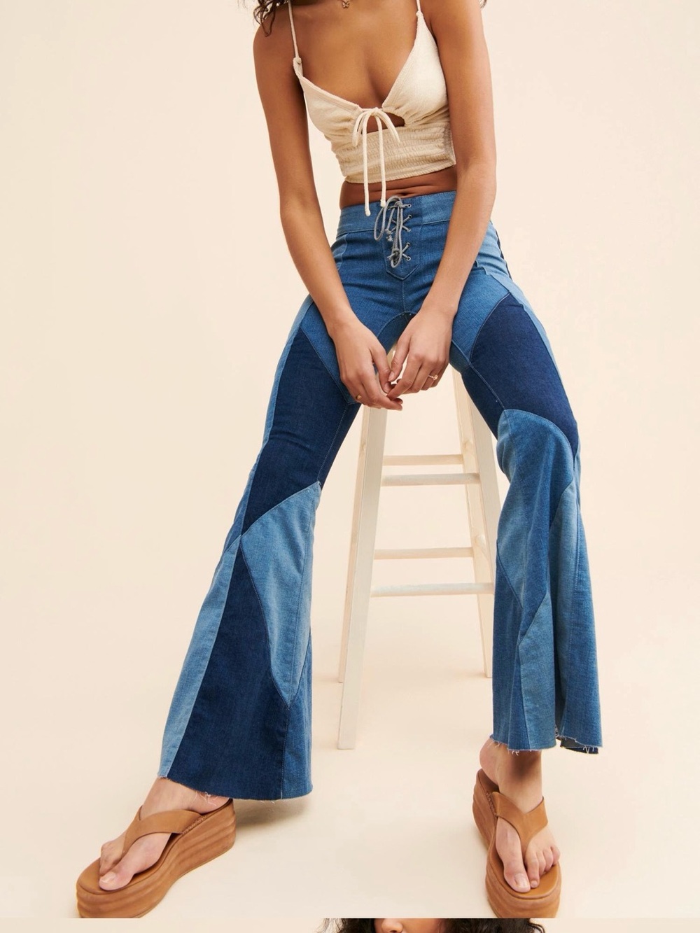 FREE PEOPLE WE THE FREE BOHEME Patchwork Flared Jeans in Blue